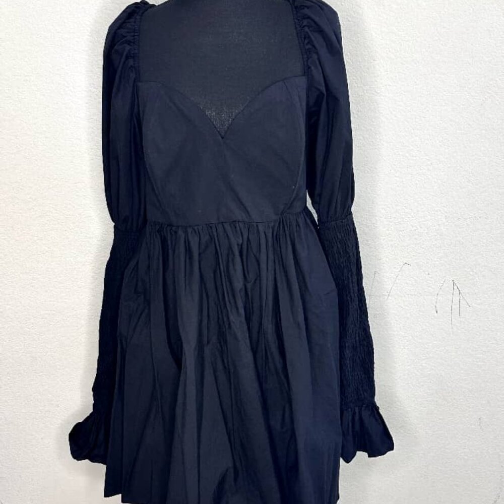 Pleated Flay Gown with Smocked Long Sleeves
